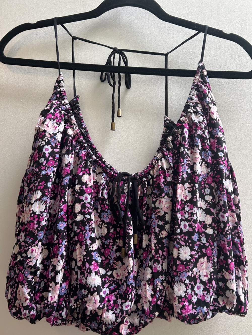 Free People Floral Smocked Cropped Tank Top Black Pink Purple Adjustable Straps